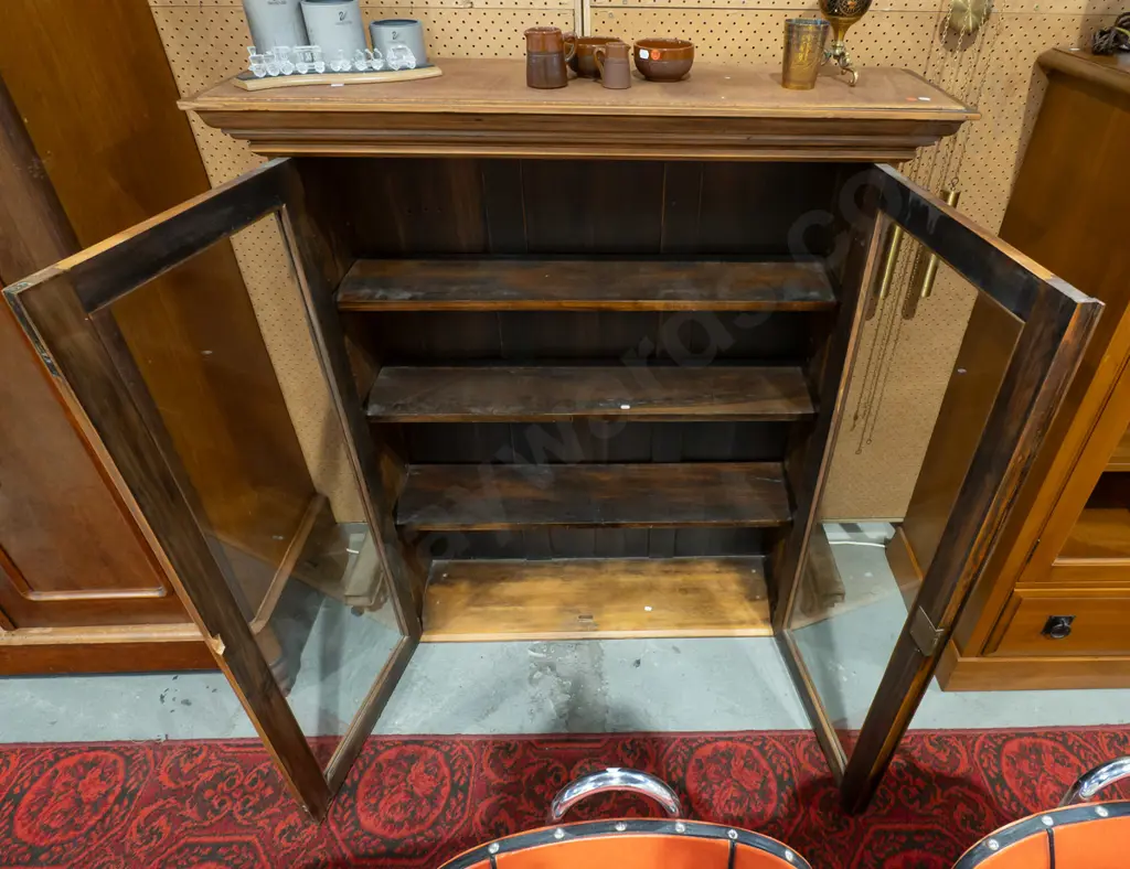 colonial rimu display cabinet / bookcase with 2 glazed doors, working lock and key, 3 adjustable shelves - repair to Image 1++