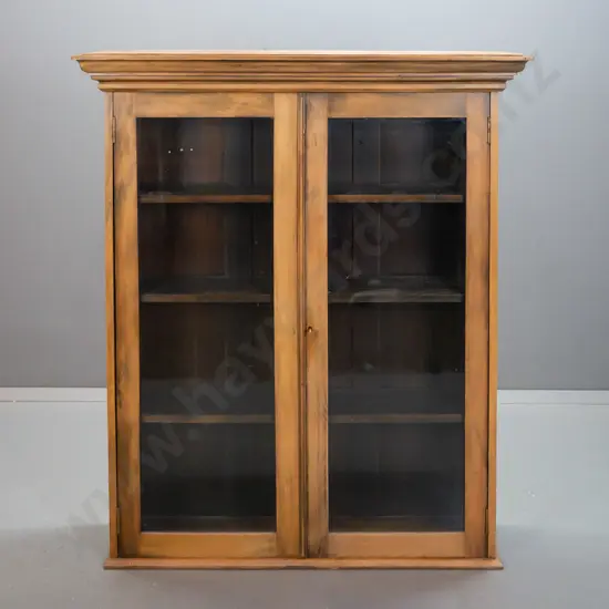 colonial rimu display cabinet / bookcase with 2 glazed doors, working lock and key, 3 adjustable shelves - repair to