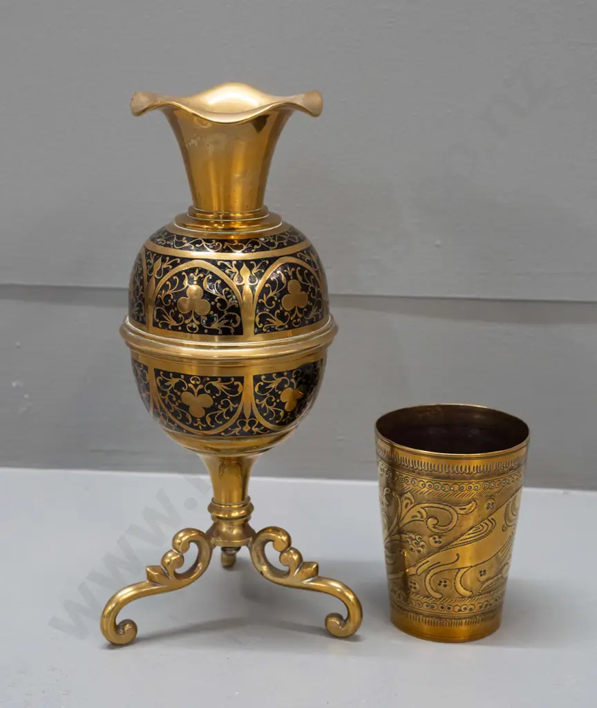 2 brass items - vase on 3 scrolling legs with black enamel work and a tumbler with incised bird motifs - vase has had Image 1++