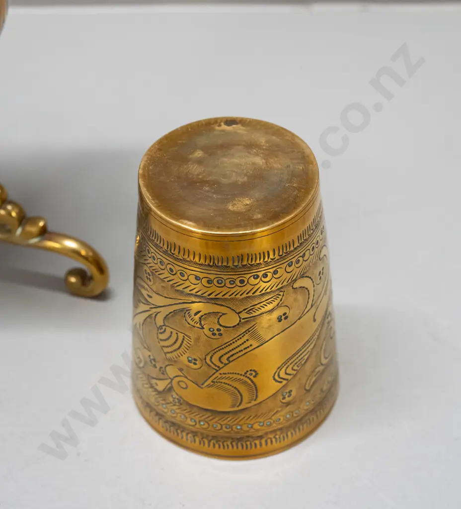 2 brass items - vase on 3 scrolling legs with black enamel work and a tumbler with incised bird motifs - vase has had Image 1++