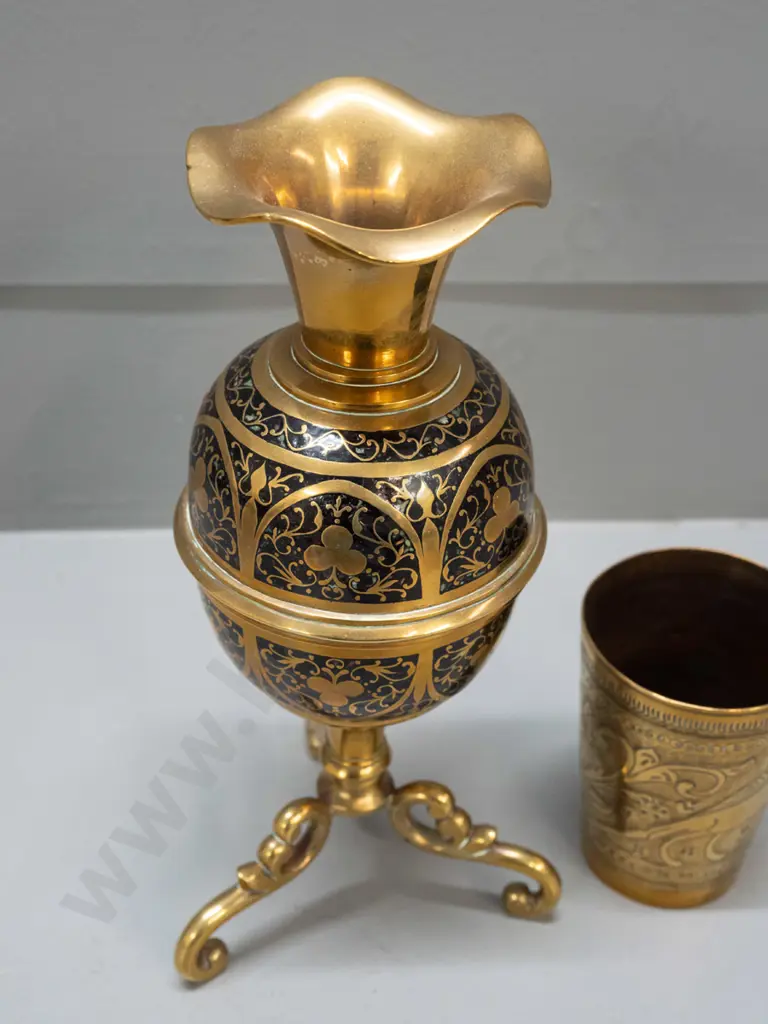 2 brass items - vase on 3 scrolling legs with black enamel work and a tumbler with incised bird motifs - vase has had Image 1++