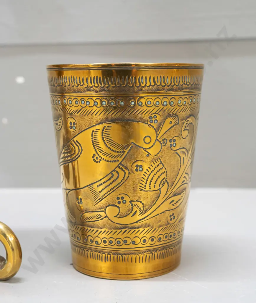 2 brass items - vase on 3 scrolling legs with black enamel work and a tumbler with incised bird motifs - vase has had Image 1++