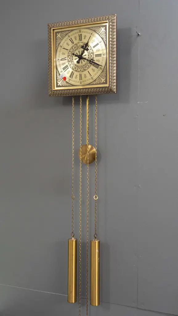 retro Hermle German brass and plastic cased chiming pendulum wall clock with 2 brass weights. Trace of missing Hermle Image 1++