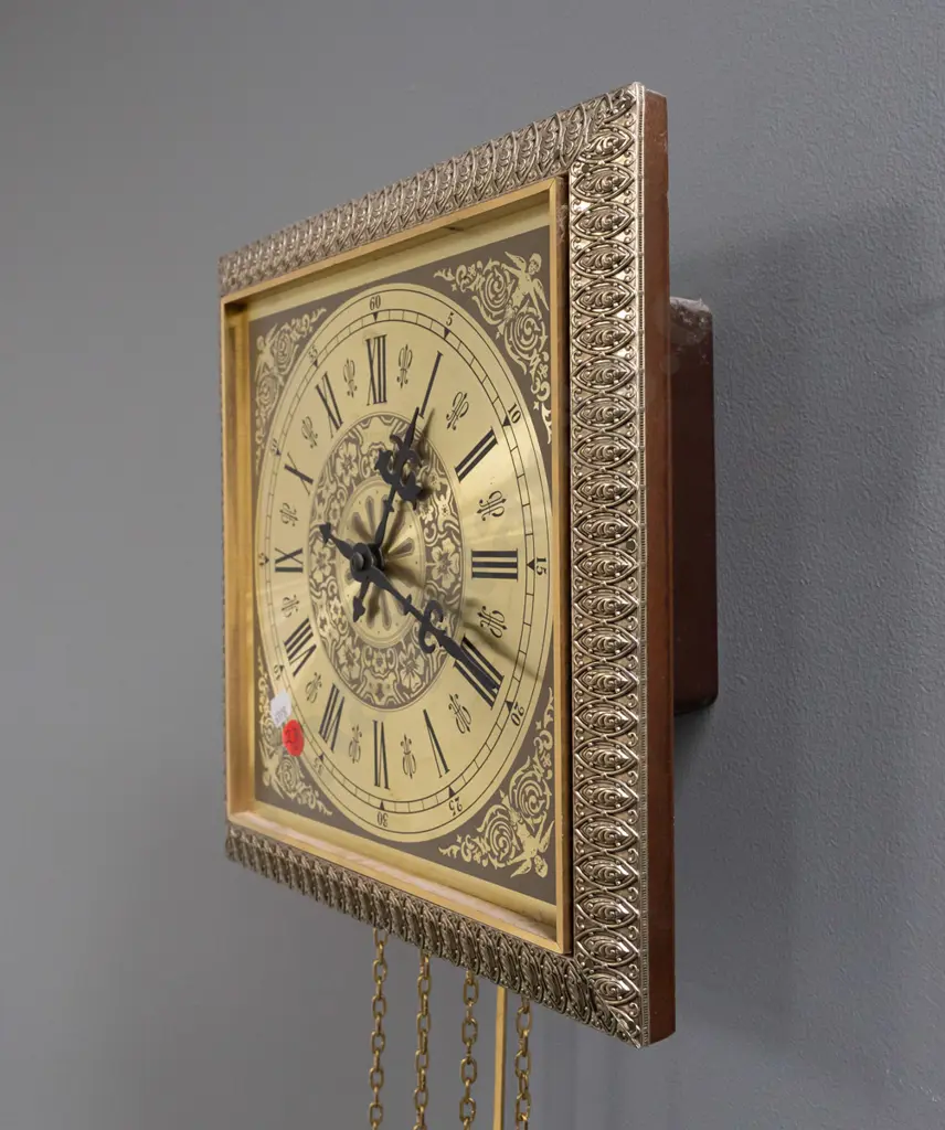 retro Hermle German brass and plastic cased chiming pendulum wall clock with 2 brass weights. Trace of missing Hermle Image 1++