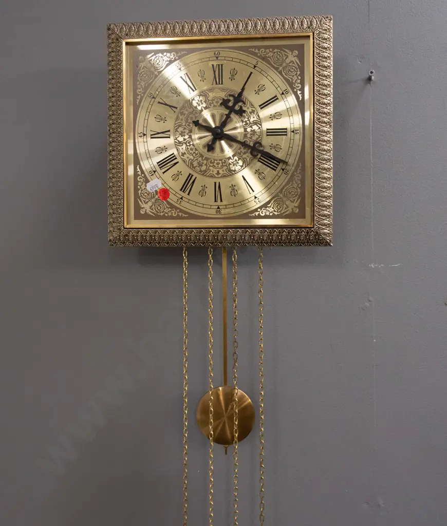 retro Hermle German brass and plastic cased chiming pendulum wall clock with 2 brass weights. Trace of missing Hermle Image 1++
