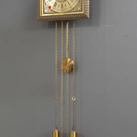 retro Hermle German brass and plastic cased chiming pendulum wall clock with 2 brass weights. Trace of missing Hermle