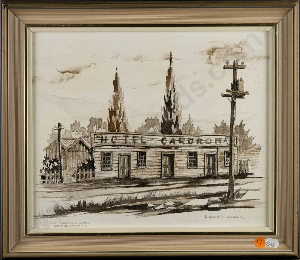 Robert F Sansom -- framed ink & wash on canvasboard "Old Cardrona Hotel" H-240 W-290 Image 1++