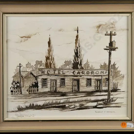 Robert F Sansom -- framed ink & wash on canvasboard "Old Cardrona Hotel" H-240 W-290