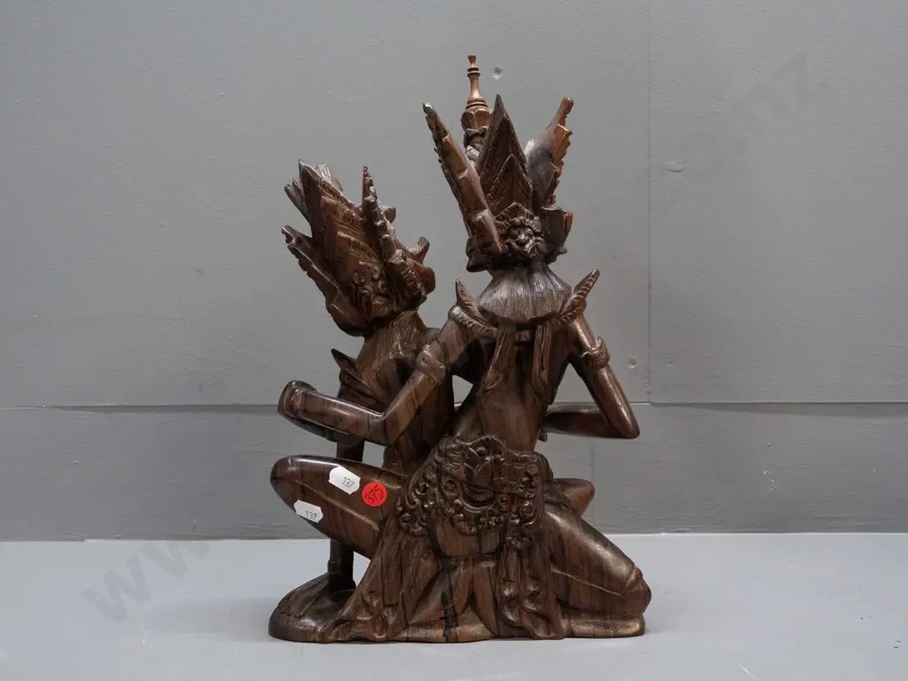 intricate carved teak figure of Thai dancing figures - split in base H-350 W-210 Image 1++