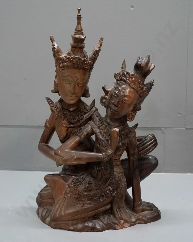 intricate carved teak figure of Thai dancing figures - split in base H-350 W-210 Image 1++