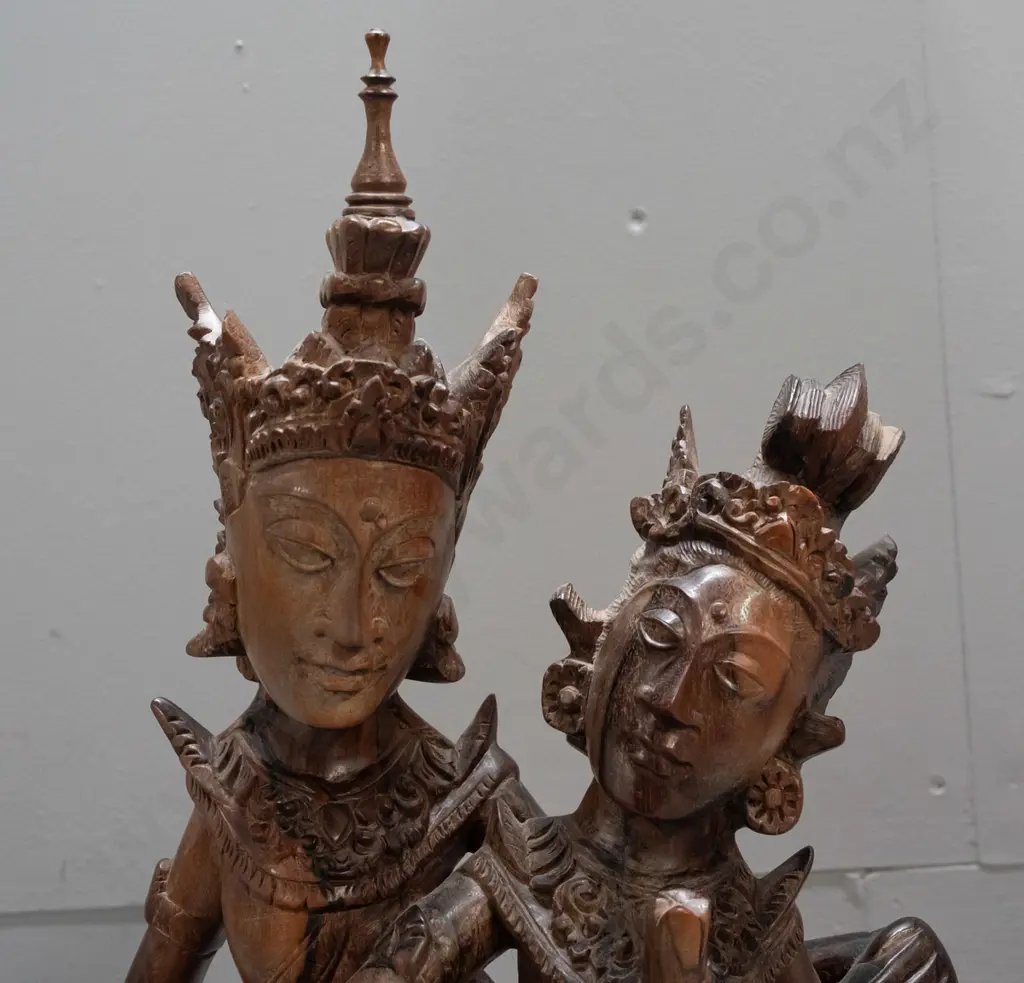 intricate carved teak figure of Thai dancing figures - split in base H-350 W-210 Image 1++