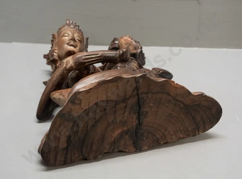 intricate carved teak figure of Thai dancing figures - split in base H-350 W-210 Image 1++