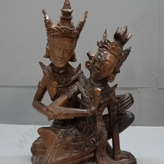 intricate carved teak figure of Thai dancing figures - split in base H-350 W-210