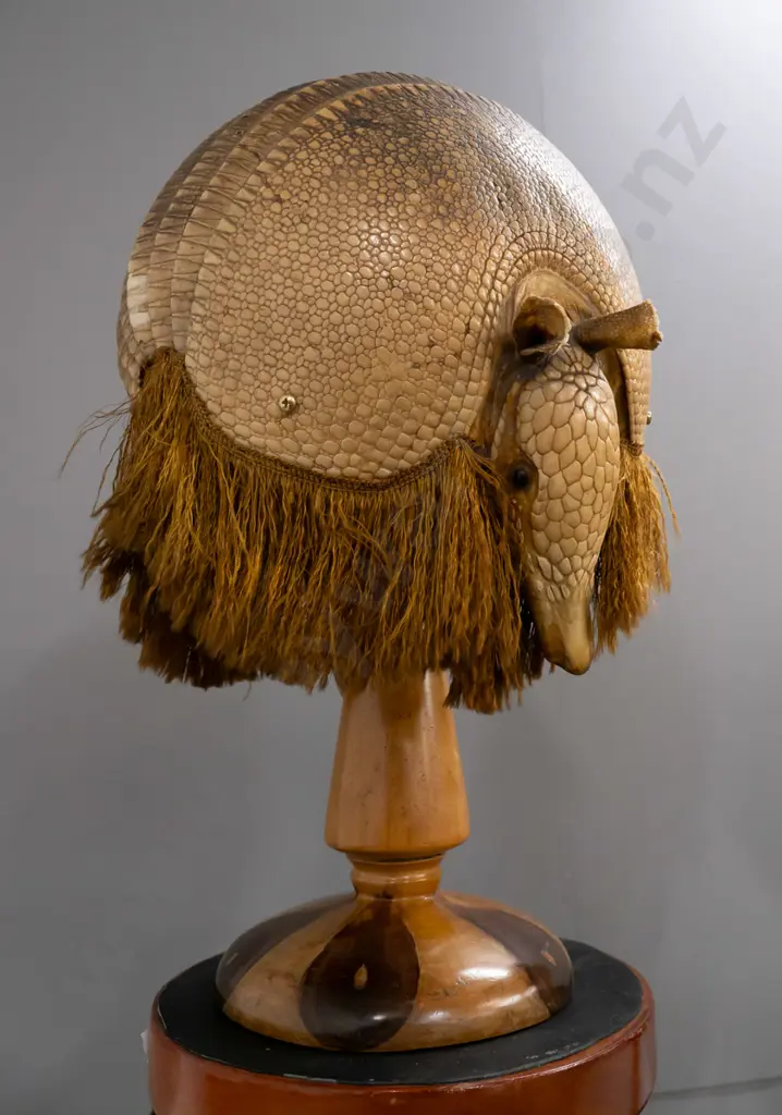 pair of unusual armadillo table lamps with applied frill edging, mounted to figured timber base, with label from Image 1++