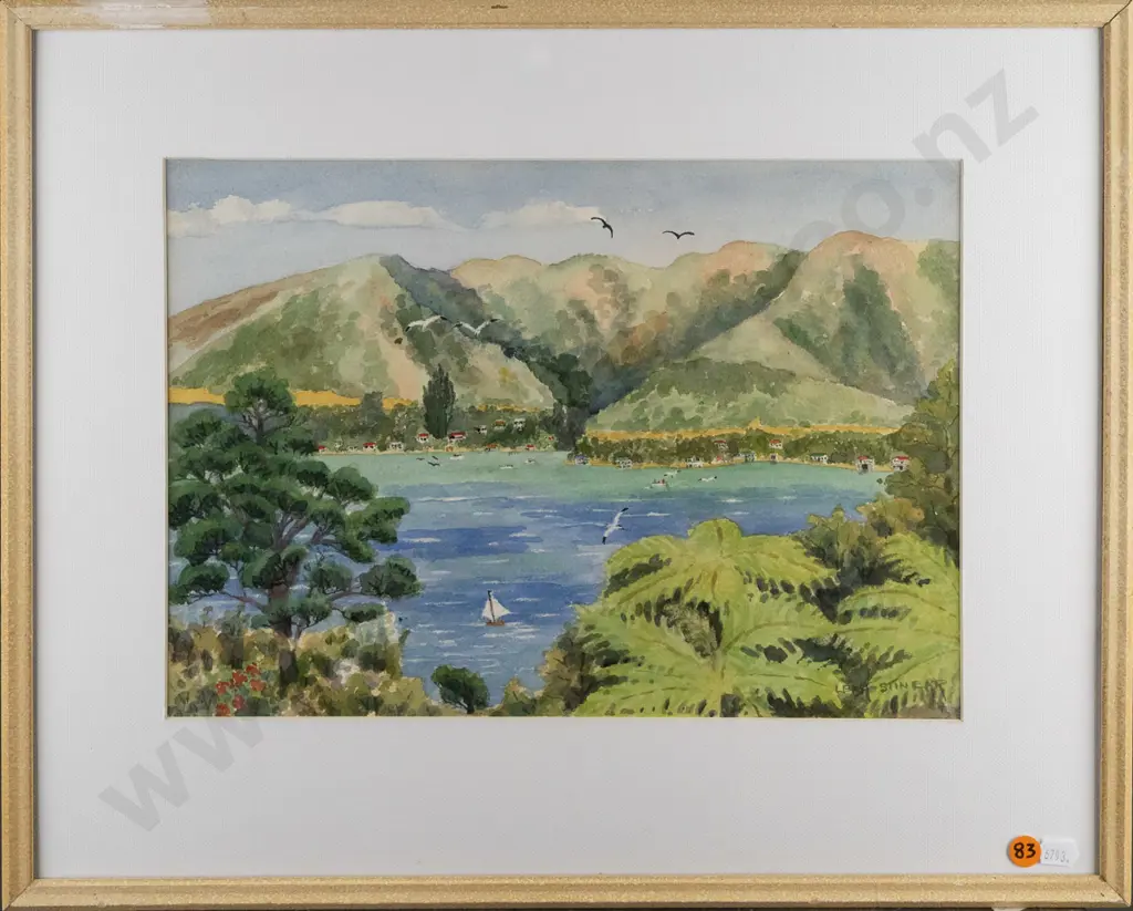 Leah Stinear -- framed watercolour, landscape with hills and coast, H-245 W-350 [repair to frame upper limb] Image 1++