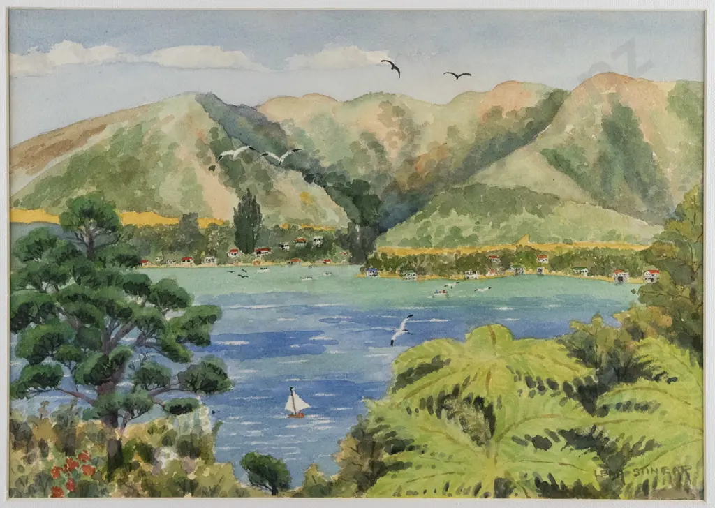 Leah Stinear -- framed watercolour, landscape with hills and coast, H-245 W-350 [repair to frame upper limb] Image 1++