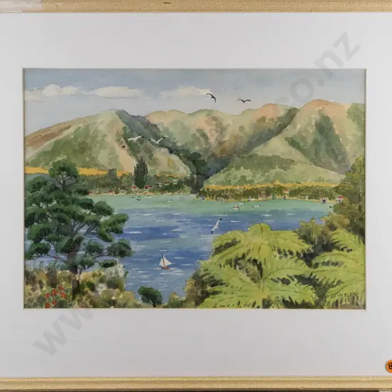 Leah Stinear -- framed watercolour, landscape with hills and coast, H-245 W-350 [repair to frame upper limb]