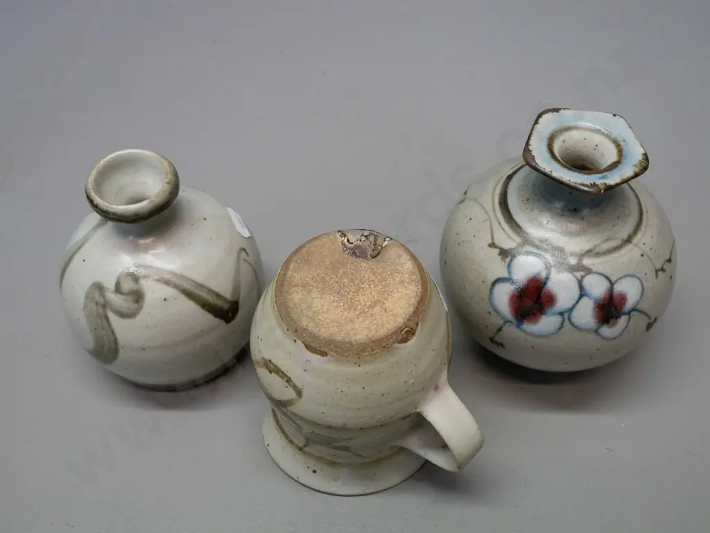 3 small pieces Neil Grant NZ studio pottery - 2 squat vases and a jug with chip to spout and glaze flaw to Image 1++