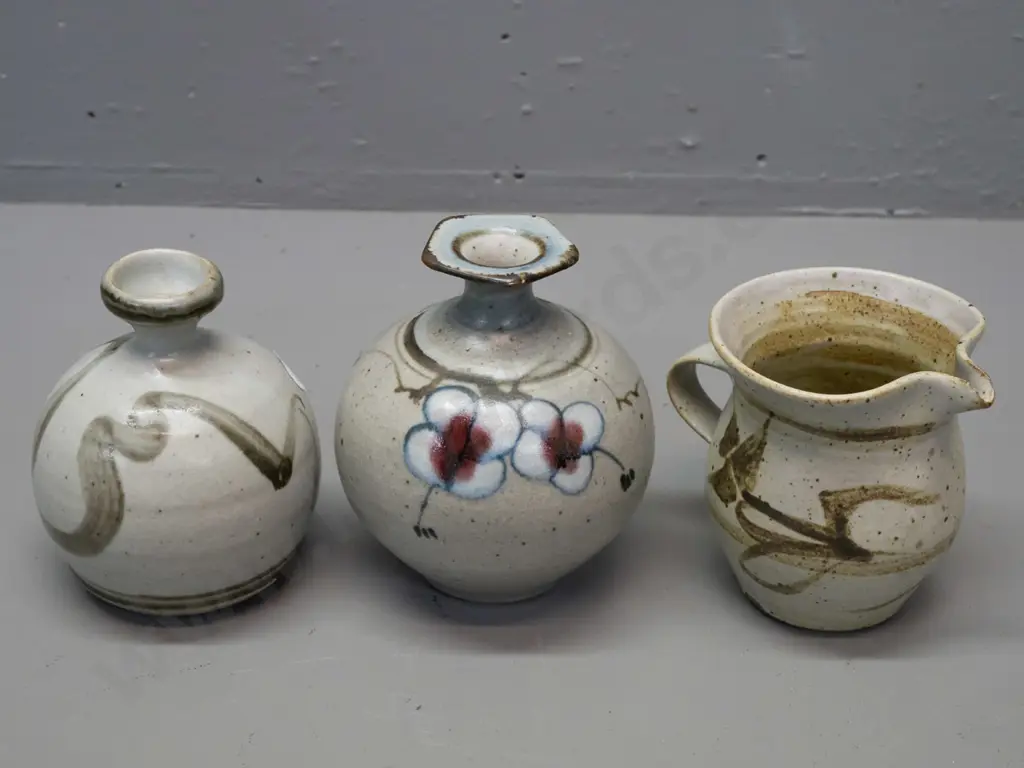 3 small pieces Neil Grant NZ studio pottery - 2 squat vases and a jug with chip to spout and glaze flaw to Image 1++