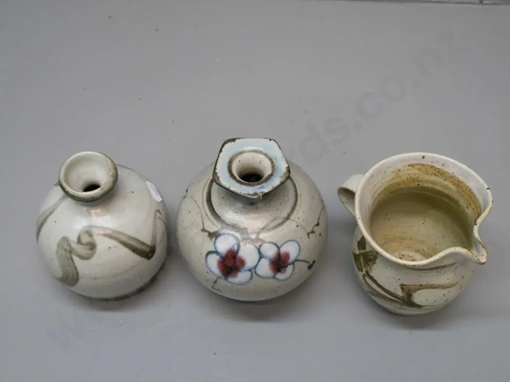 3 small pieces Neil Grant NZ studio pottery - 2 squat vases and a jug with chip to spout and glaze flaw to Image 1++