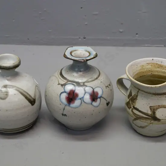3 small pieces Neil Grant NZ studio pottery - 2 squat vases and a jug with chip to spout and glaze flaw to