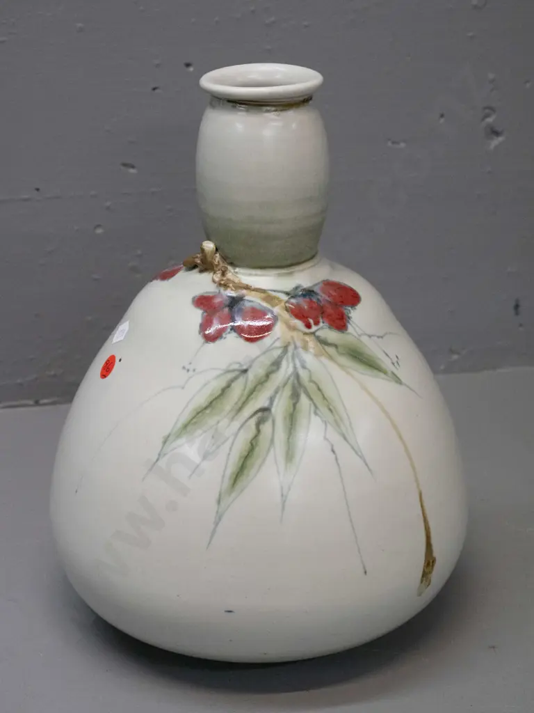 unusual shape Neil Grant NZ studio pottery bottle vase H-320 D-220 at widest Image 1++