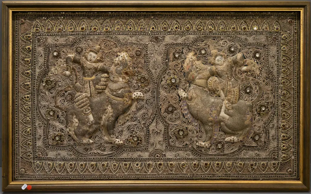large framed Thai fabric embroidery with sequins and glass cabuchons - some glass pieces missing H-590 W-960 Image 1++