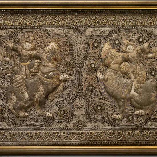 large framed Thai fabric embroidery with sequins and glass cabuchons - some glass pieces missing H-590 W-960