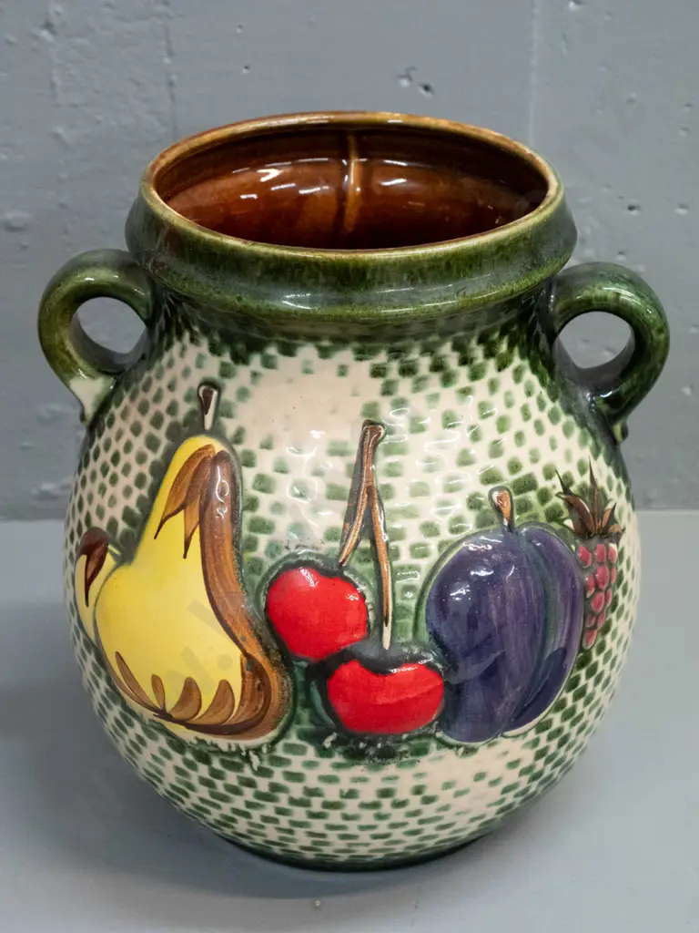 large German pottery Rumtopf crock with lug handles, relief fruit decoration - marked Scheurich Keramik H-260 W-220 Image 1++