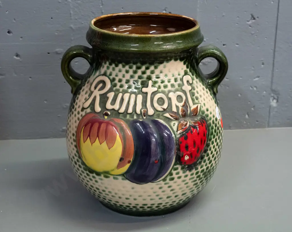 large German pottery Rumtopf crock with lug handles, relief fruit decoration - marked Scheurich Keramik H-260 W-220 Image 1++