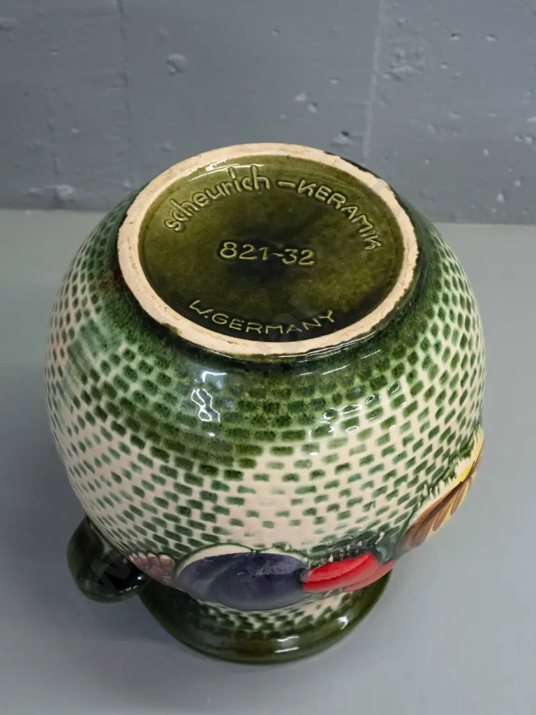 large German pottery Rumtopf crock with lug handles, relief fruit decoration - marked Scheurich Keramik H-260 W-220 Image 1++