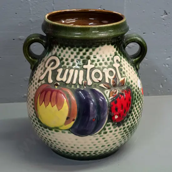 large German pottery Rumtopf crock with lug handles, relief fruit decoration - marked Scheurich Keramik H-260 W-220