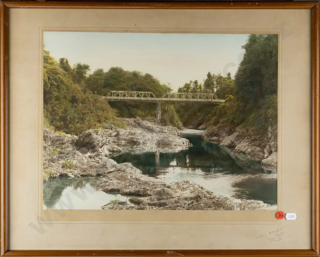 Gordon McCusker Studio, Blenheim - framed vintage hand coloured photograph - Pelorus River and Bridge Marlborough Image 1++