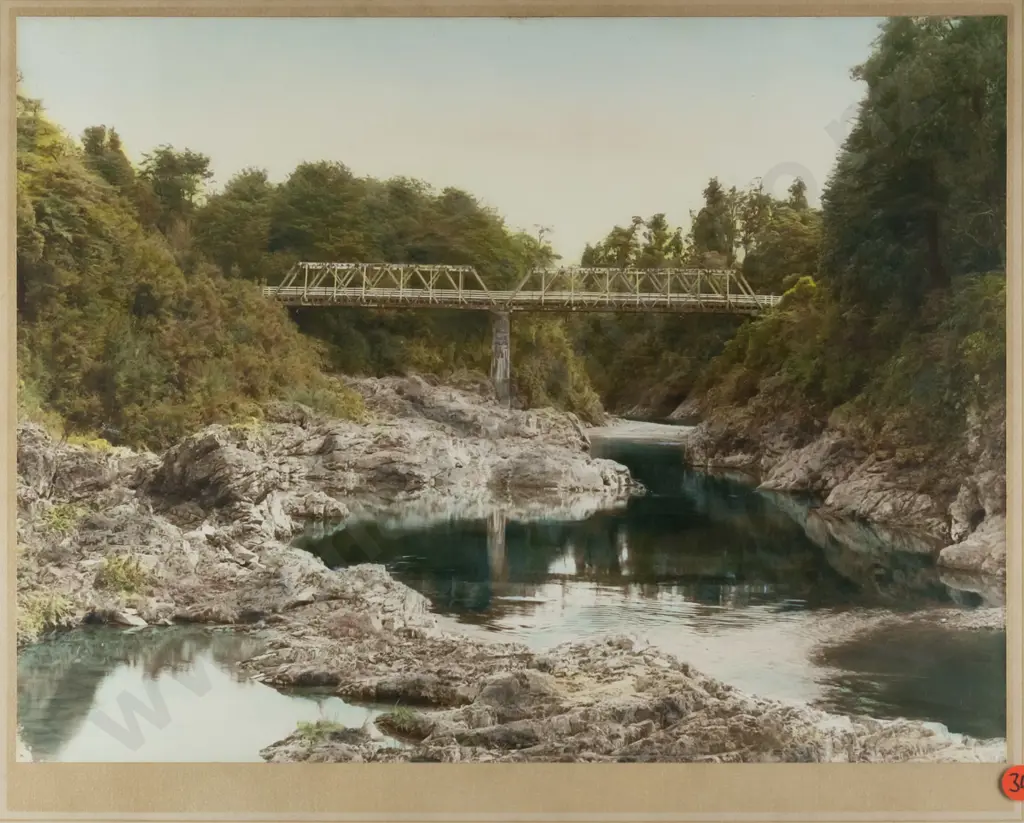 Gordon McCusker Studio, Blenheim - framed vintage hand coloured photograph - Pelorus River and Bridge Marlborough Image 1++