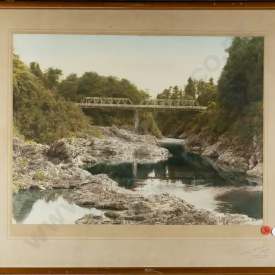 Gordon McCusker Studio, Blenheim - framed vintage hand coloured photograph - Pelorus River and Bridge Marlborough