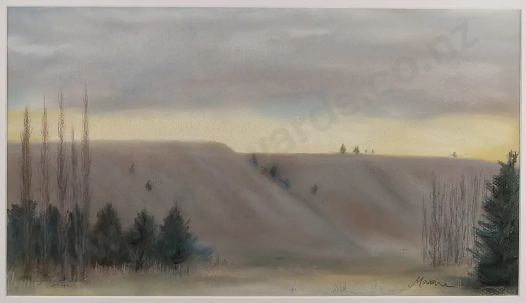 Maxine, framed pastels & pencils on paper, wintry Otago landscape, H-210 W-380 Image 1++
