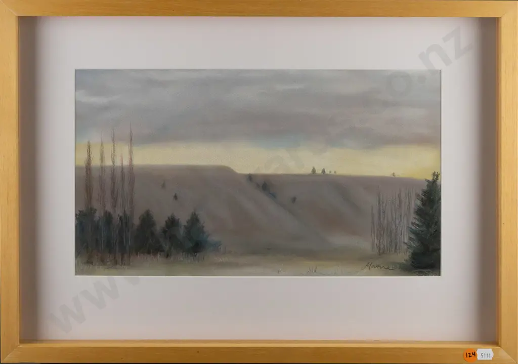 Maxine, framed pastels & pencils on paper, wintry Otago landscape, H-210 W-380 Image 1++