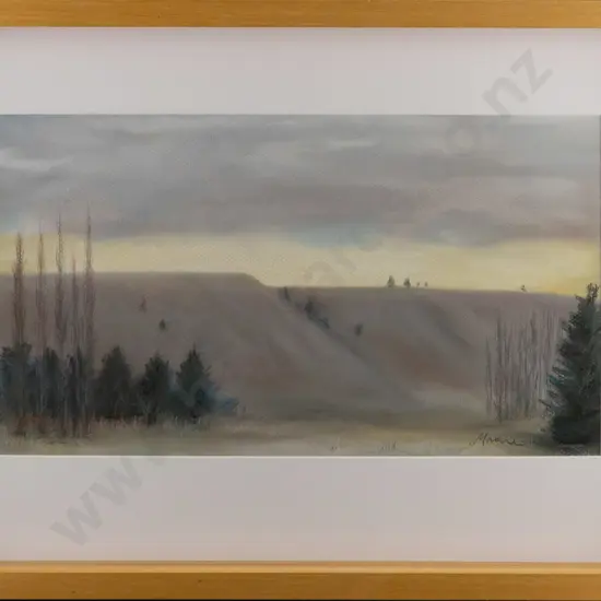 Maxine, framed pastels & pencils on paper, wintry Otago landscape, H-210 W-380