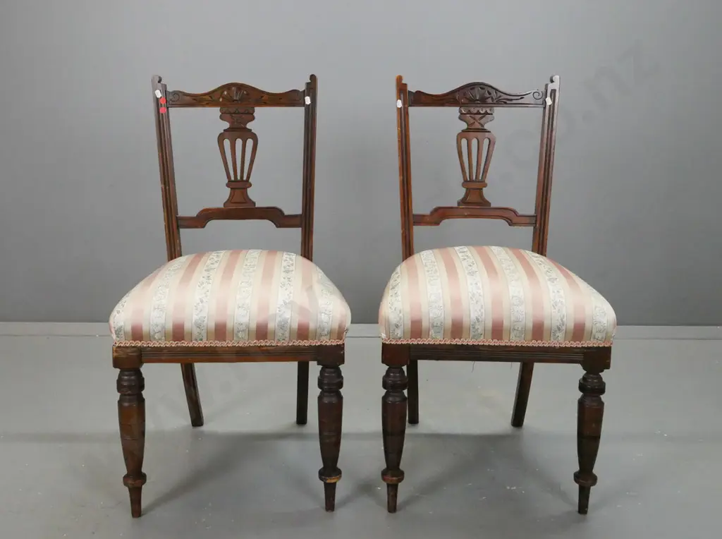 pair of Edwardian walnut and beech side chairs with carved back splats, turned front legs, some scratches / chips Image 1++