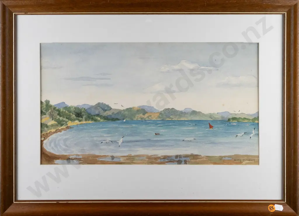Leah Stinear -- framed watercolour, coastal scene H-240 W-430 Image 1++