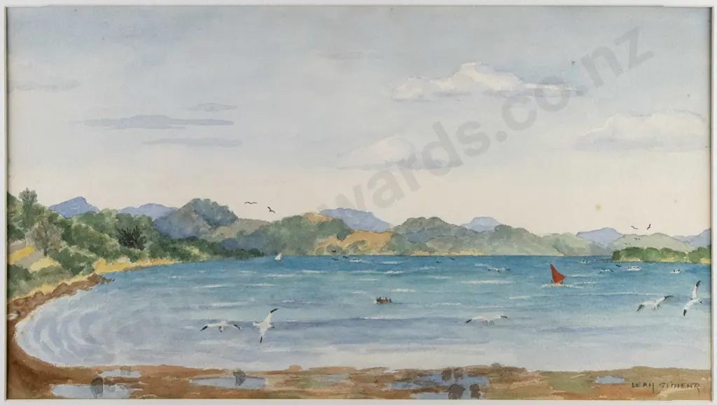 Leah Stinear -- framed watercolour, coastal scene H-240 W-430 Image 1++