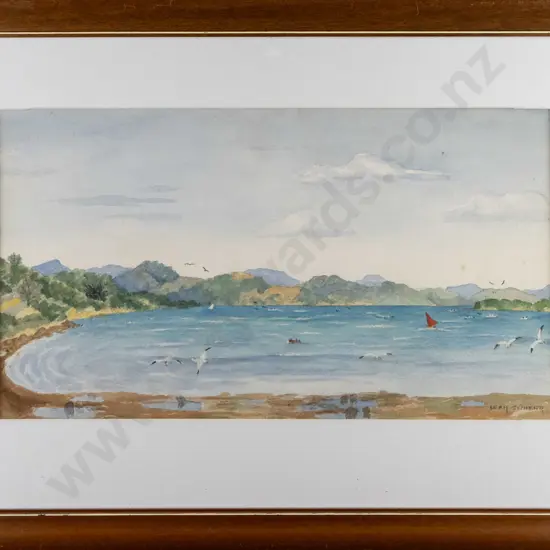 Leah Stinear -- framed watercolour, coastal scene H-240 W-430
