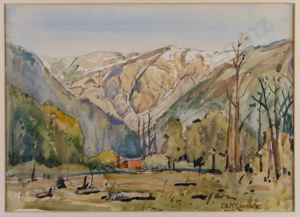 TA McCormack -- framed watercolour, cabin in mountain landscape, H-190 W-265 [some paint loss to frame] Image 1++