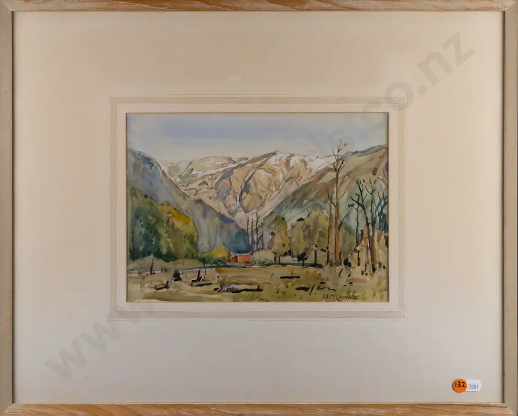 TA McCormack -- framed watercolour, cabin in mountain landscape, H-190 W-265 [some paint loss to frame] Image 1++