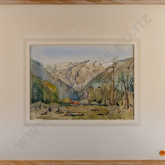 TA McCormack -- framed watercolour, cabin in mountain landscape, H-190 W-265 [some paint loss to frame]