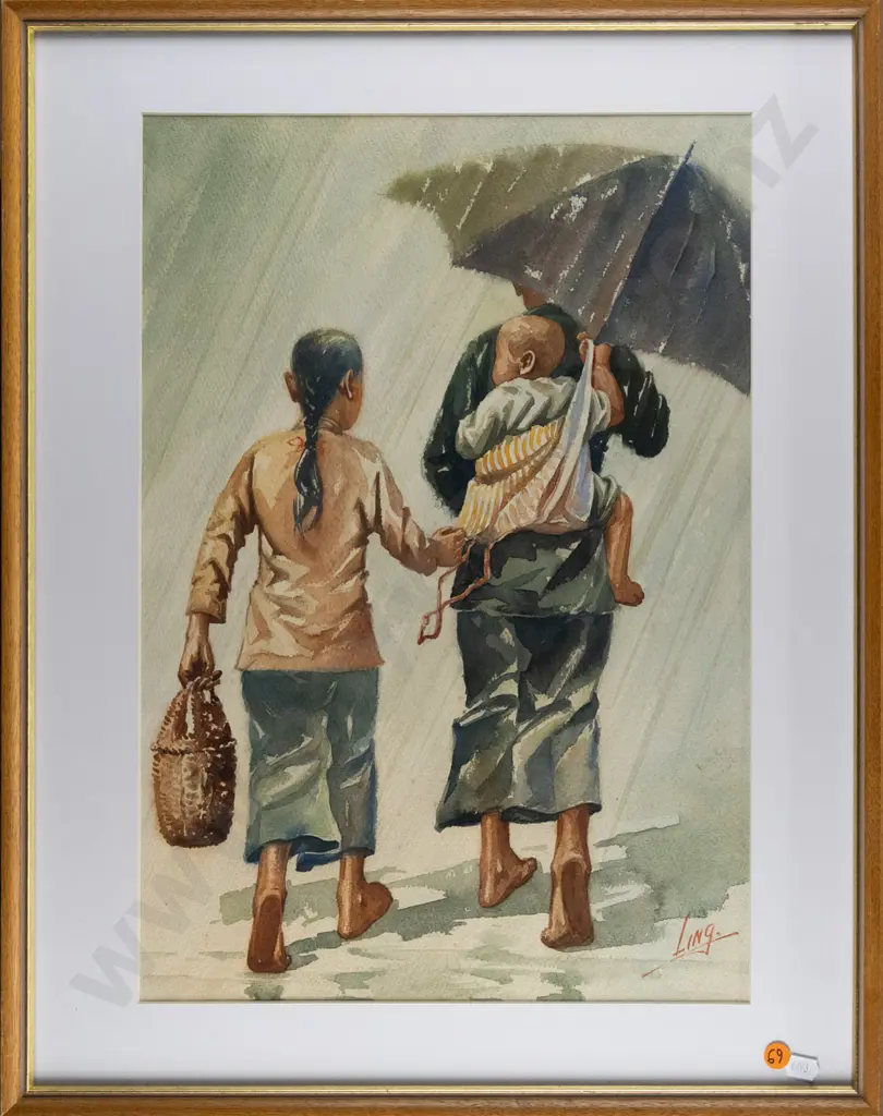 Signed Ling -- framed watercolour, couple w/ child in rain, H-470 W-320 Image 1++