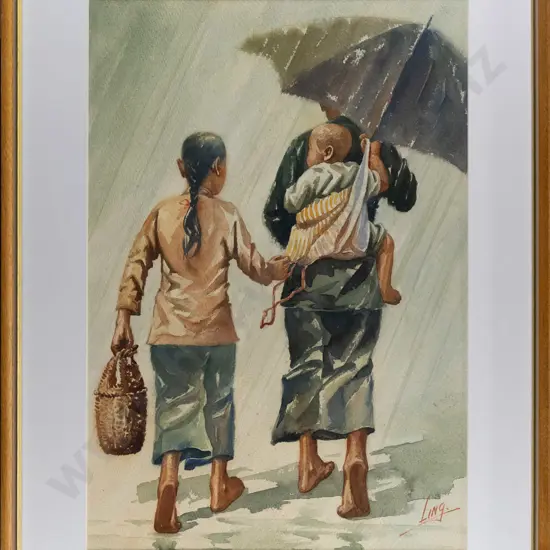 Signed Ling -- framed watercolour, couple w/ child in rain, H-470 W-320