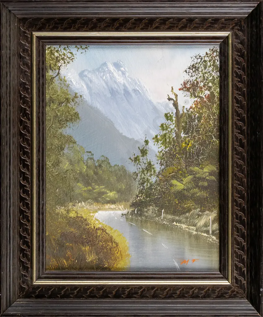 Michael Finnerty - framed oil - bush road and mountain scene H180 W140 Image 1++