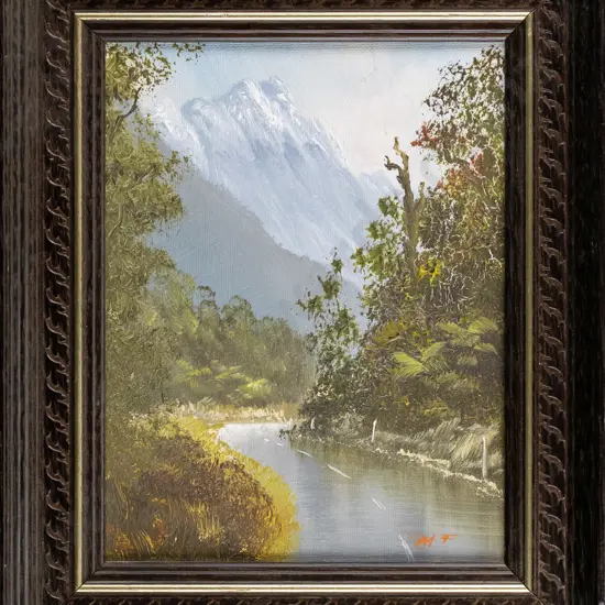 Michael Finnerty - framed oil - bush road and mountain scene H180 W140