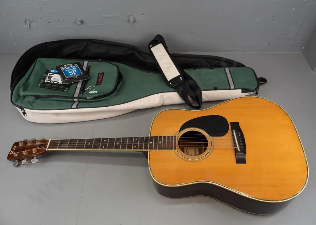 Fender F-65 dreadnought acoustic guitar, circa 1970s, with Dixon padded gig bag and some spare strings. Has some dents Image 1++